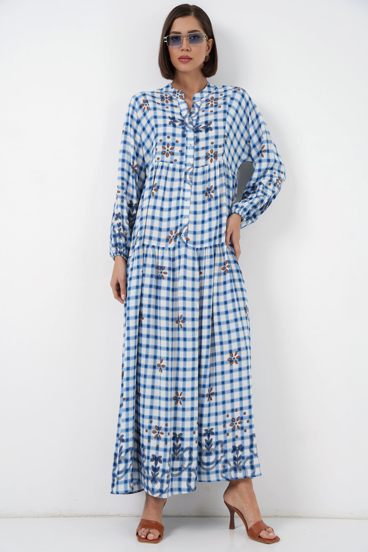 Women's Blue Gingham Print Long Modest Dress - Bigdart - by Peralane - photo 5