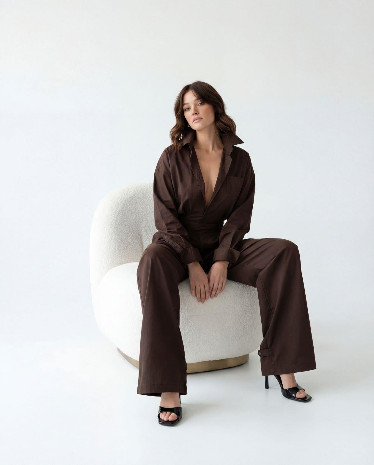 Women's Brown Plain Blouse and Wide-Leg Trousers Set - Fame - by Peralane - photo 2