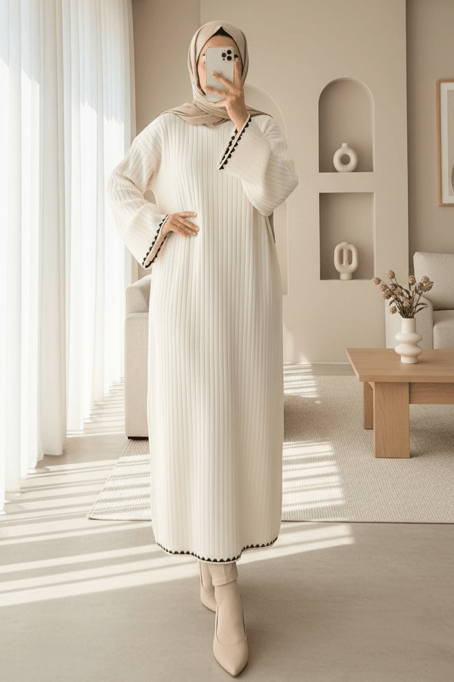 Ribbed Long Knit Dress - Ecru - Podyumplus - by Peralane