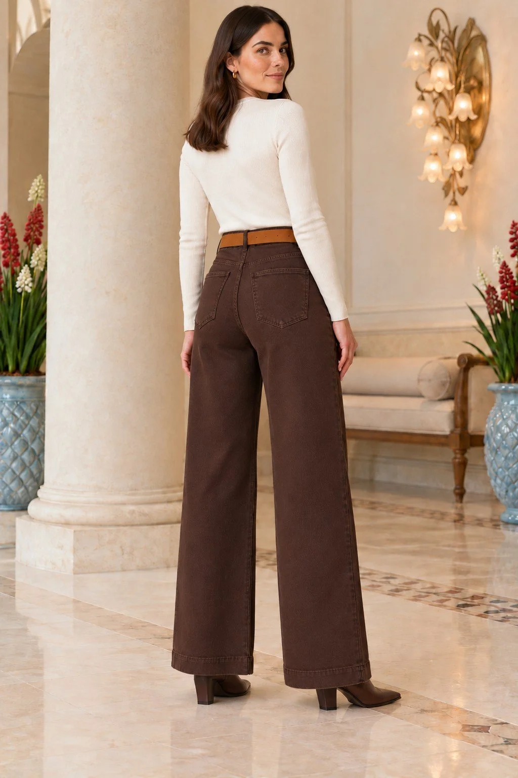 Relax Fit Wide-Leg Denim Trousers with Pocket Detail 7506 Brown - Xlove - by Peralane - photo 4