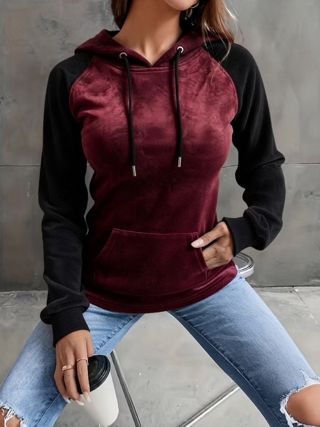 Women's Long Sleeve Hooded Velvet Blouse with Drawstrings, Burgundy and Black - Janes - by Peralane