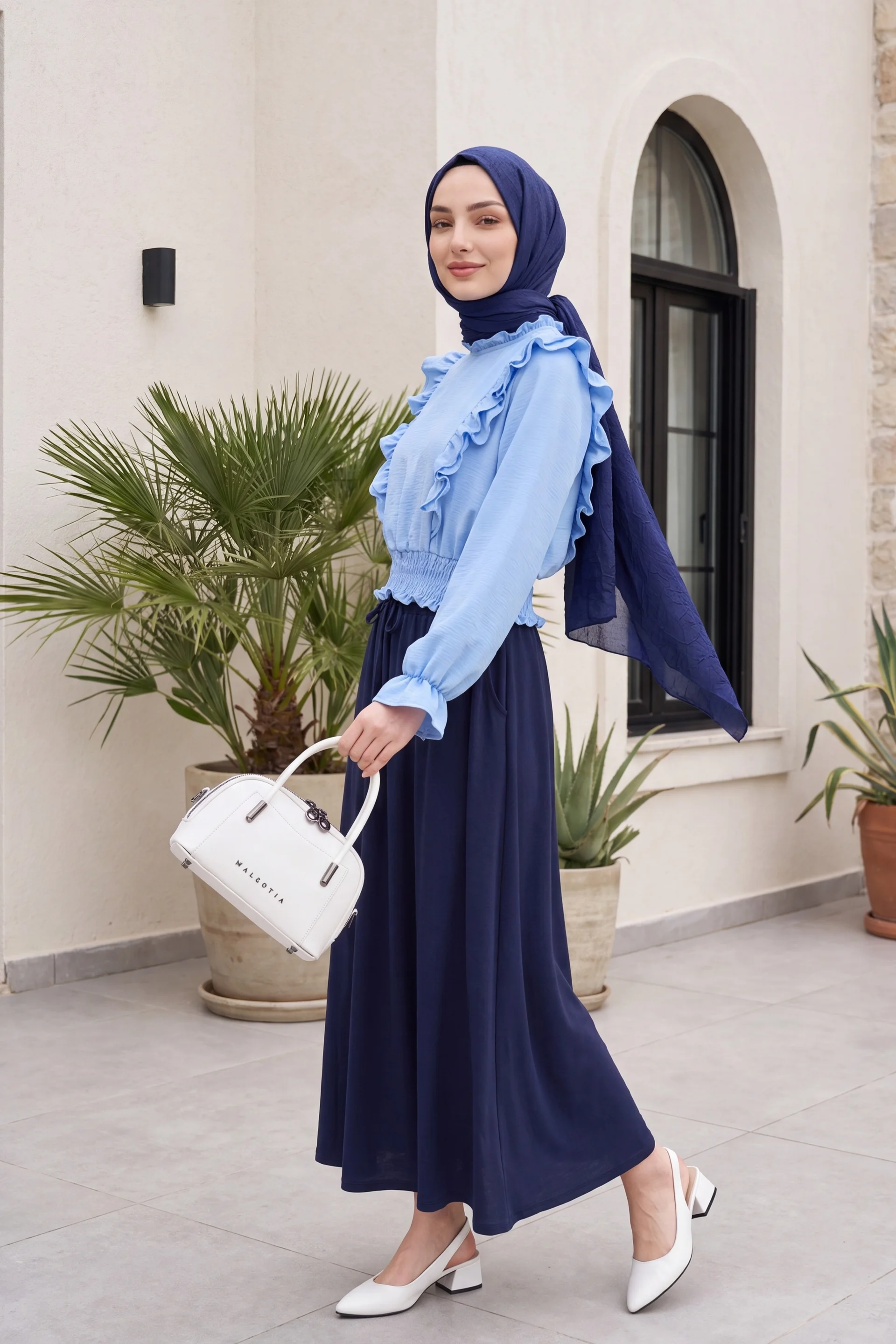 Ruffle Trim Drawstring Waist Ayrobin Blouse - Light Blue - Podyumplus - by Peralane - photo 4