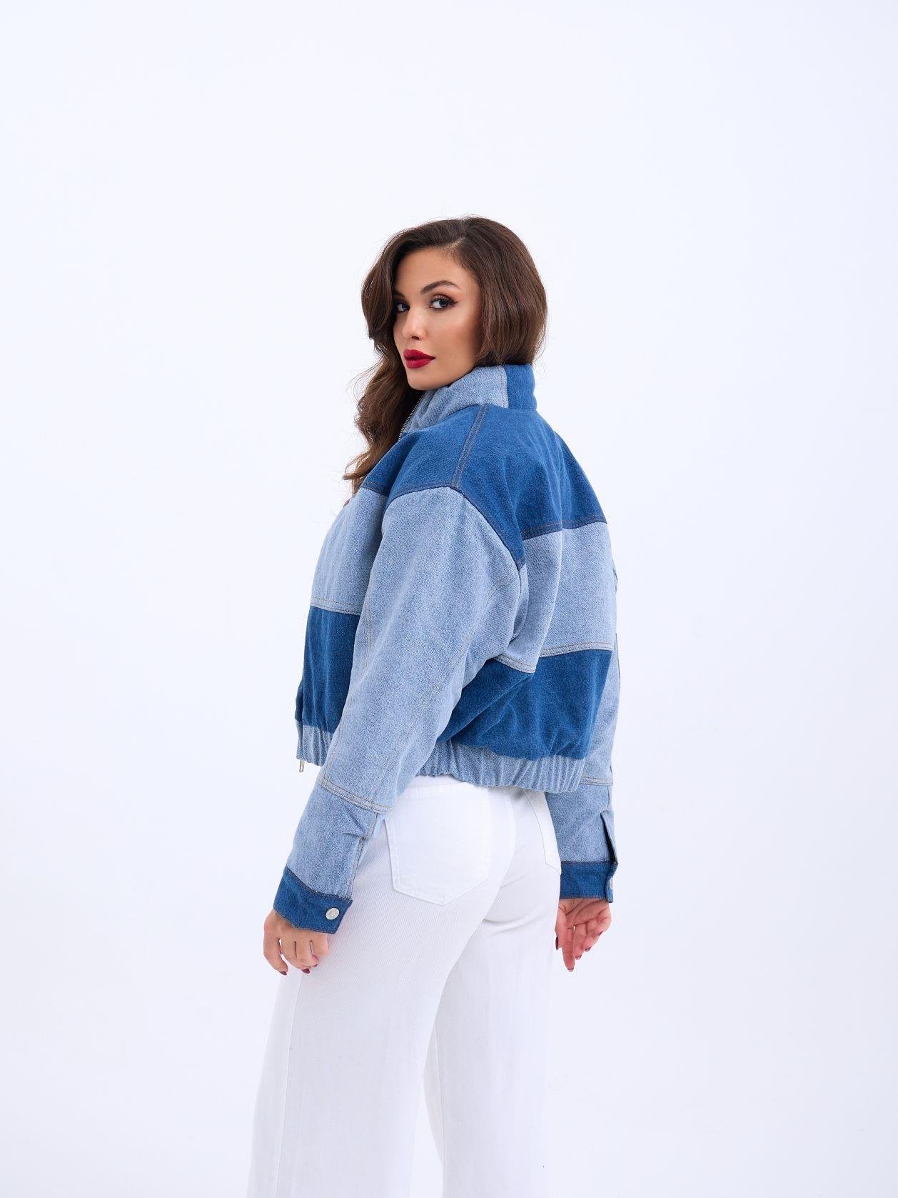 Women's Color Block Denim Jacket with Zip Front - Blue - Fame - by Peralane - photo 3