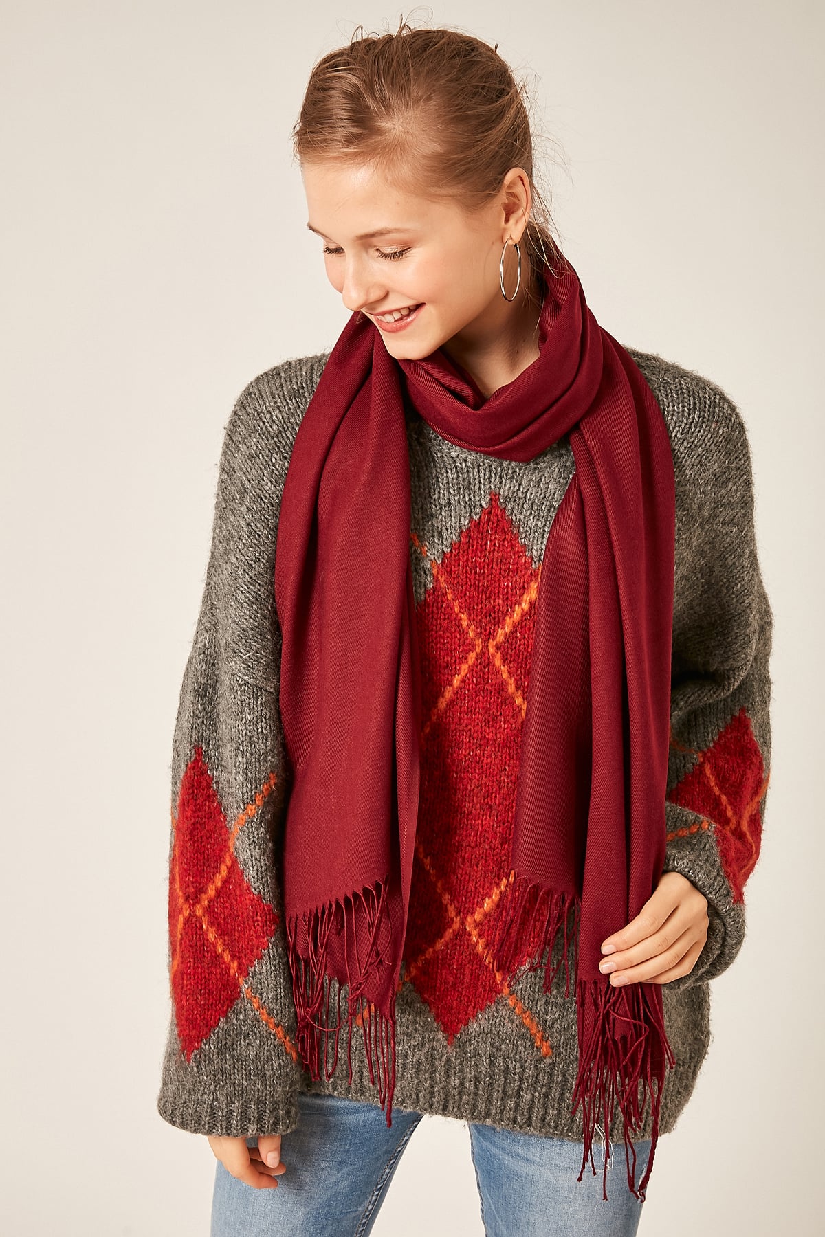 Solid Deep Red Fringed Knit Scarf for Women | Pack of 4 - Nesvay - by Peralane - photo 4