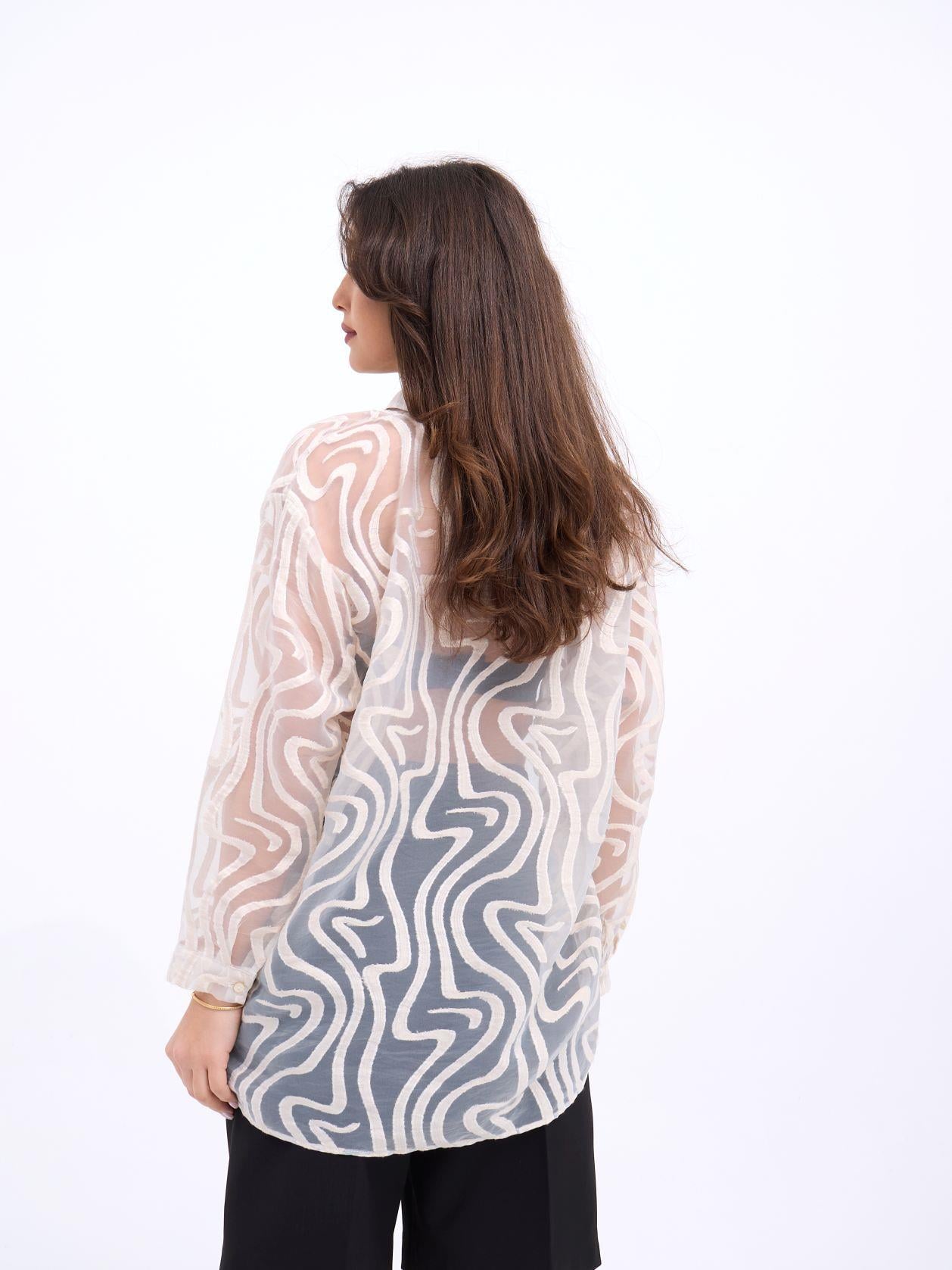 Sheer Long-Sleeve Blouse with Abstract Pattern - Light Cream - Fame - by Peralane - photo 4