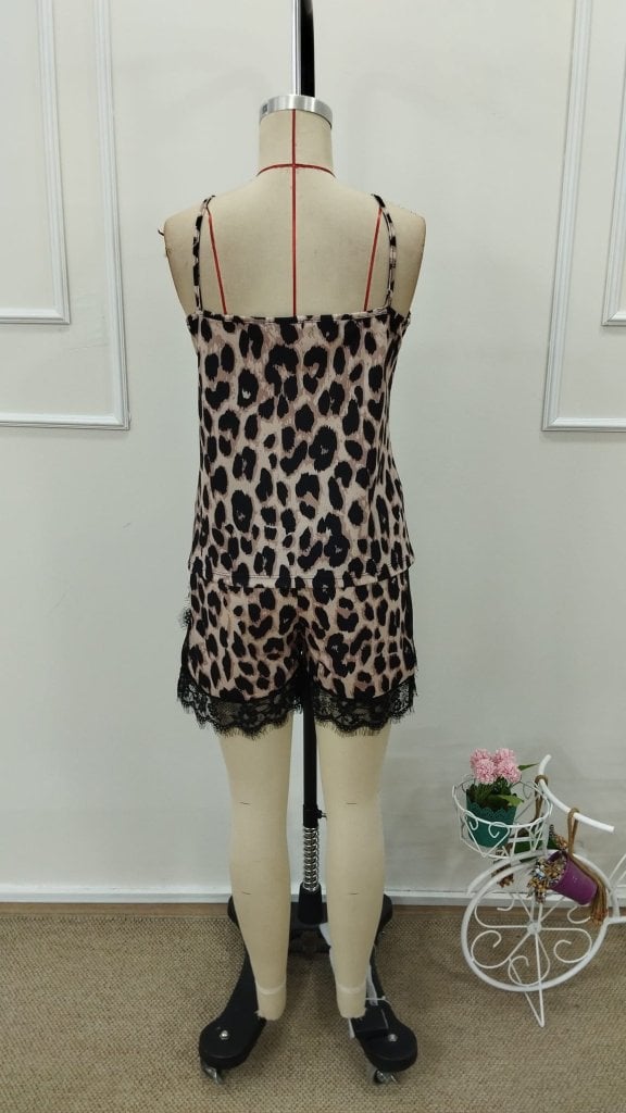 Women's Spaghetti Strap V-Neck Lace Trim Leopard Print Camisole and Shorts Pajama Set - Janes - by Peralane - photo 8