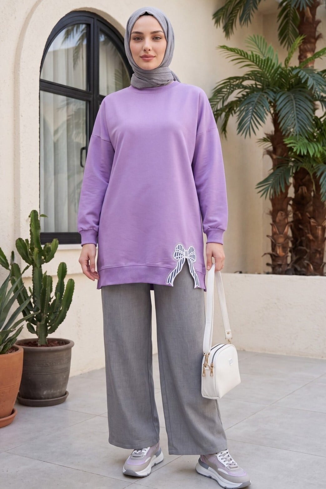 Lavender Round Neck Jersey Tunic with Bow Detail - Podyumplus - by Peralane - photo 6