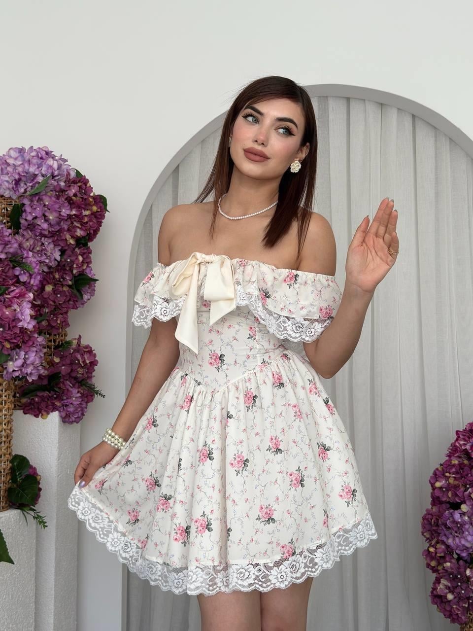 Off-Shoulder Floral Print Dress with Bow Detail - Etika - by Peralane - photo 5
