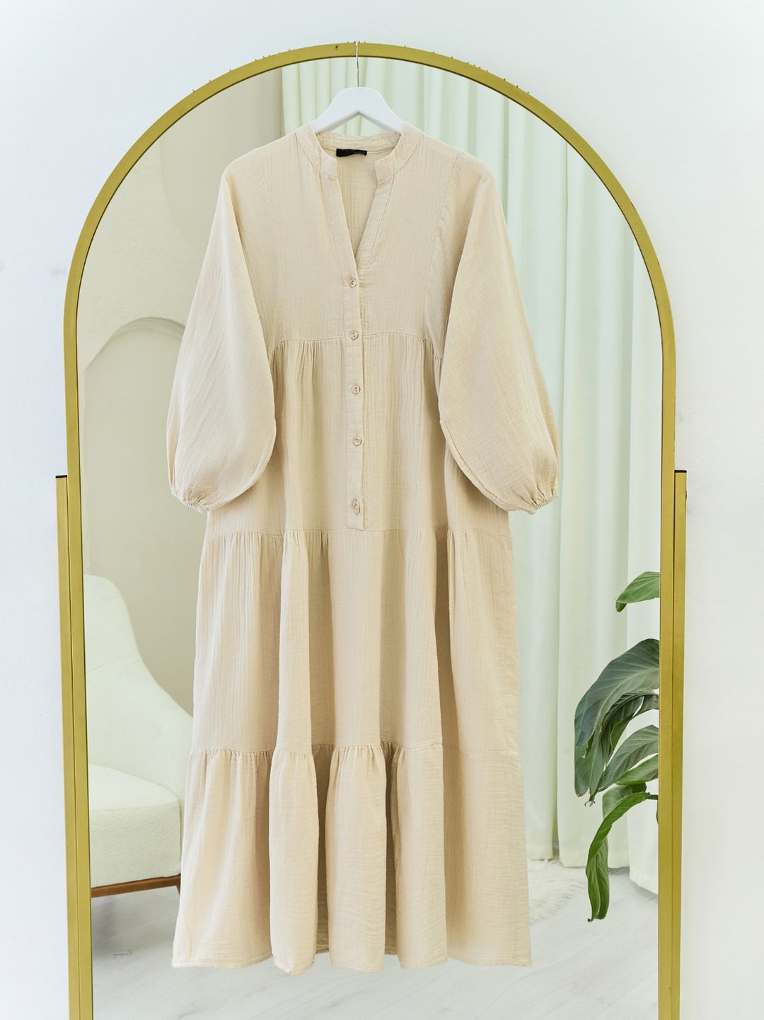 Half Button Tiered Muslin Dress - Beige - Podyumplus - by Peralane - photo 3