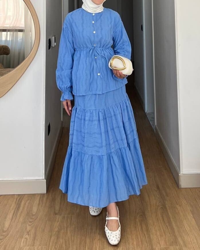 Blue Button-Front Drawstring Waist Two-Piece Set with Ruffled Skirt - Podyumplus - by Peralane - photo 3