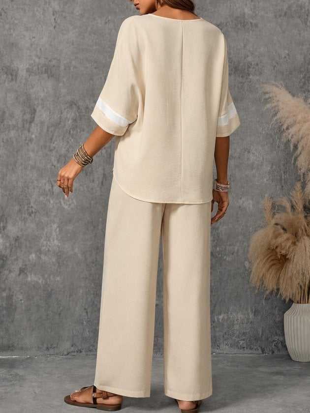 Women's Short Sleeve V-Neck Lace Trim Blouse and Wide-Leg Trousers Two-Piece Set - Janes - by Peralane - photo 2