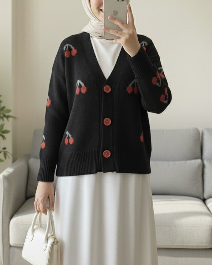 Cherry Print Short Cardigan - Black - Podyumplus - by Peralane