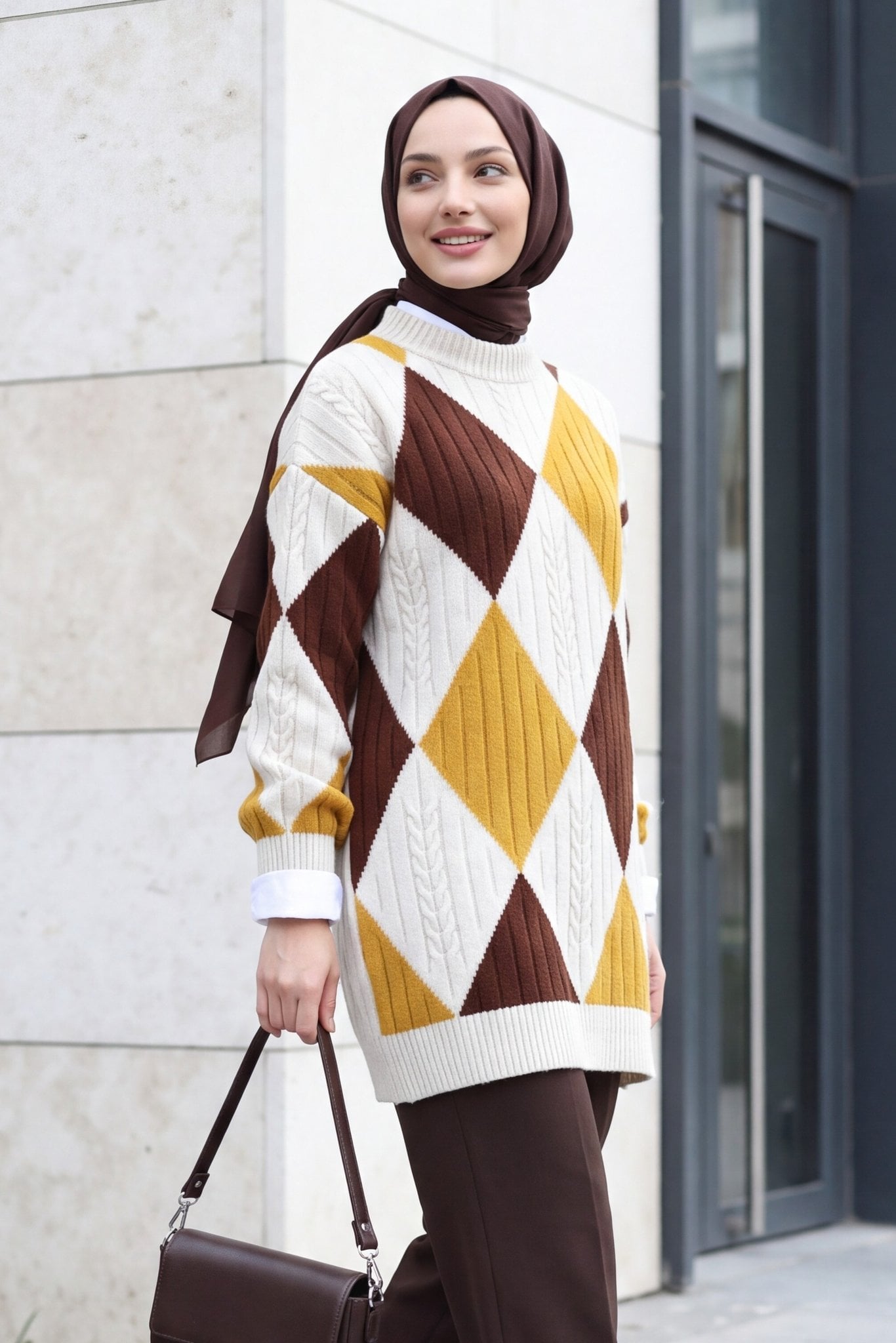 Diamond Argyle Knit Tunic - Stone - Podyumplus - by Peralane - photo 3