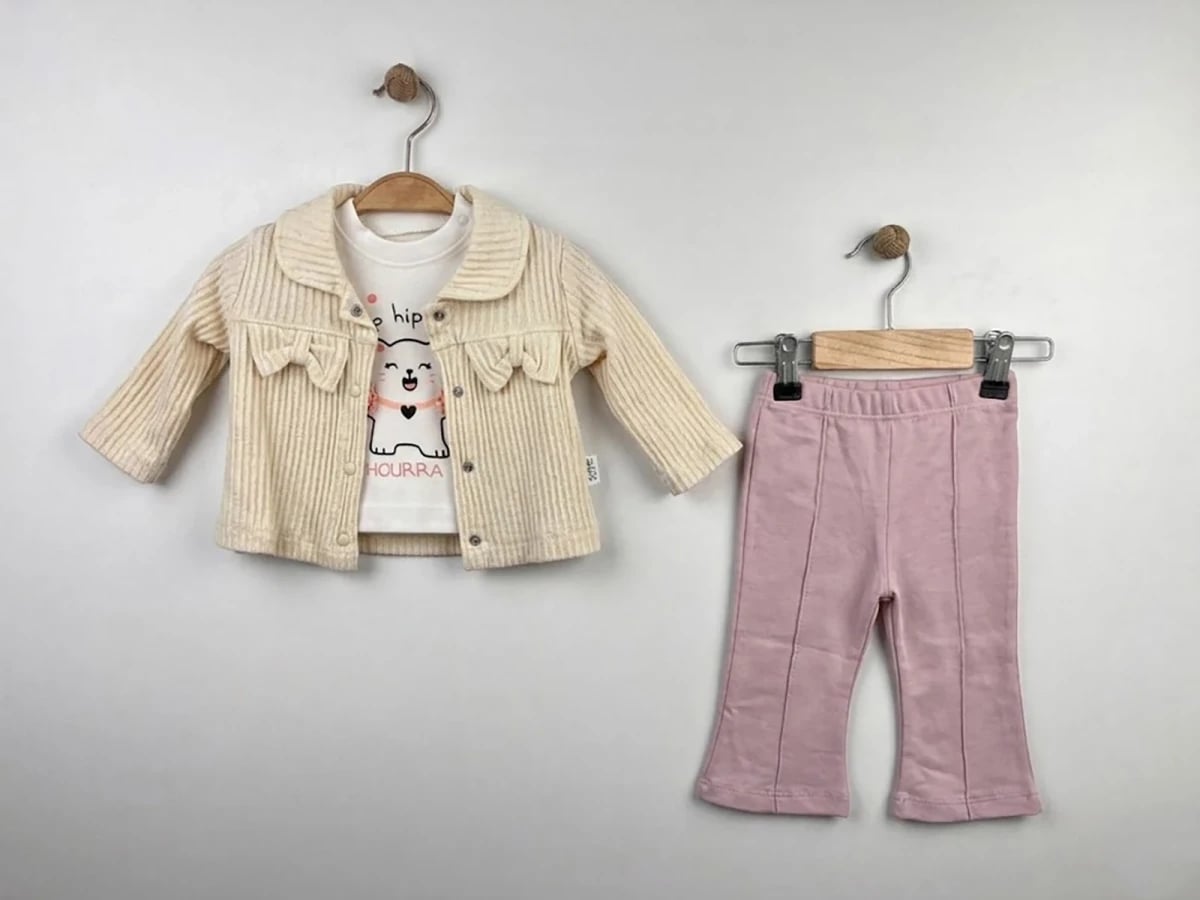 Cream Bow Detail Cat Print 3-Piece Baby Girl Set - Elci Baby - by Peralane