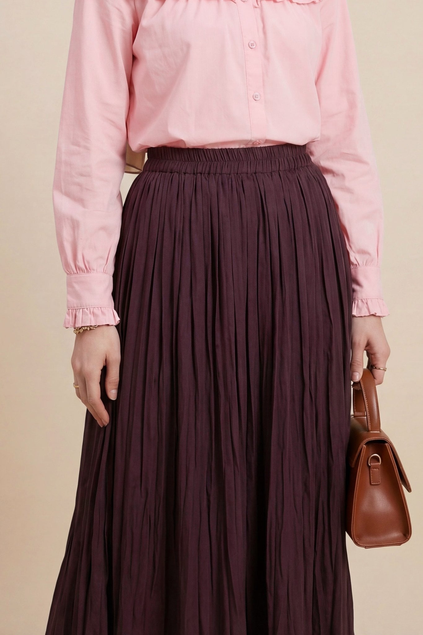 Elasticated Waist Pleated Midi Skirt - Burgundy - Podyumplus - by Peralane - photo 7
