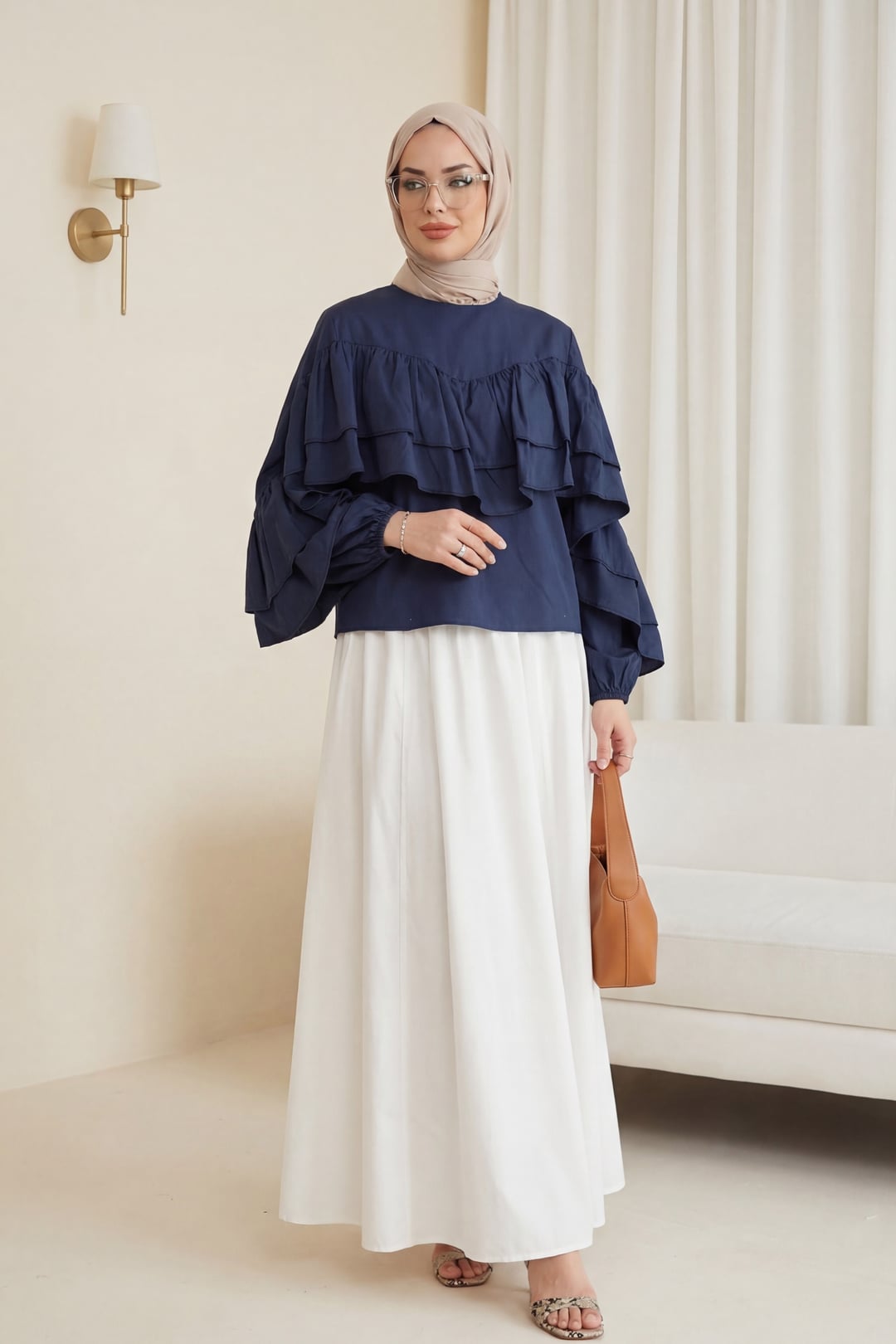 Navy Blue Flounce Sleeve Blouse with Elasticated Cuffs - Podyumplus - by Peralane - photo 3