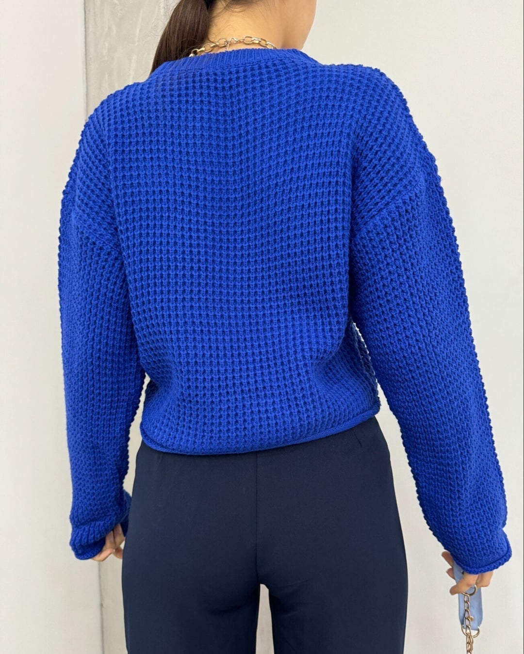 Round Neck Knitted Sweater - Bright Blue Waffle Knit - Podyumplus - by Peralane - photo 6