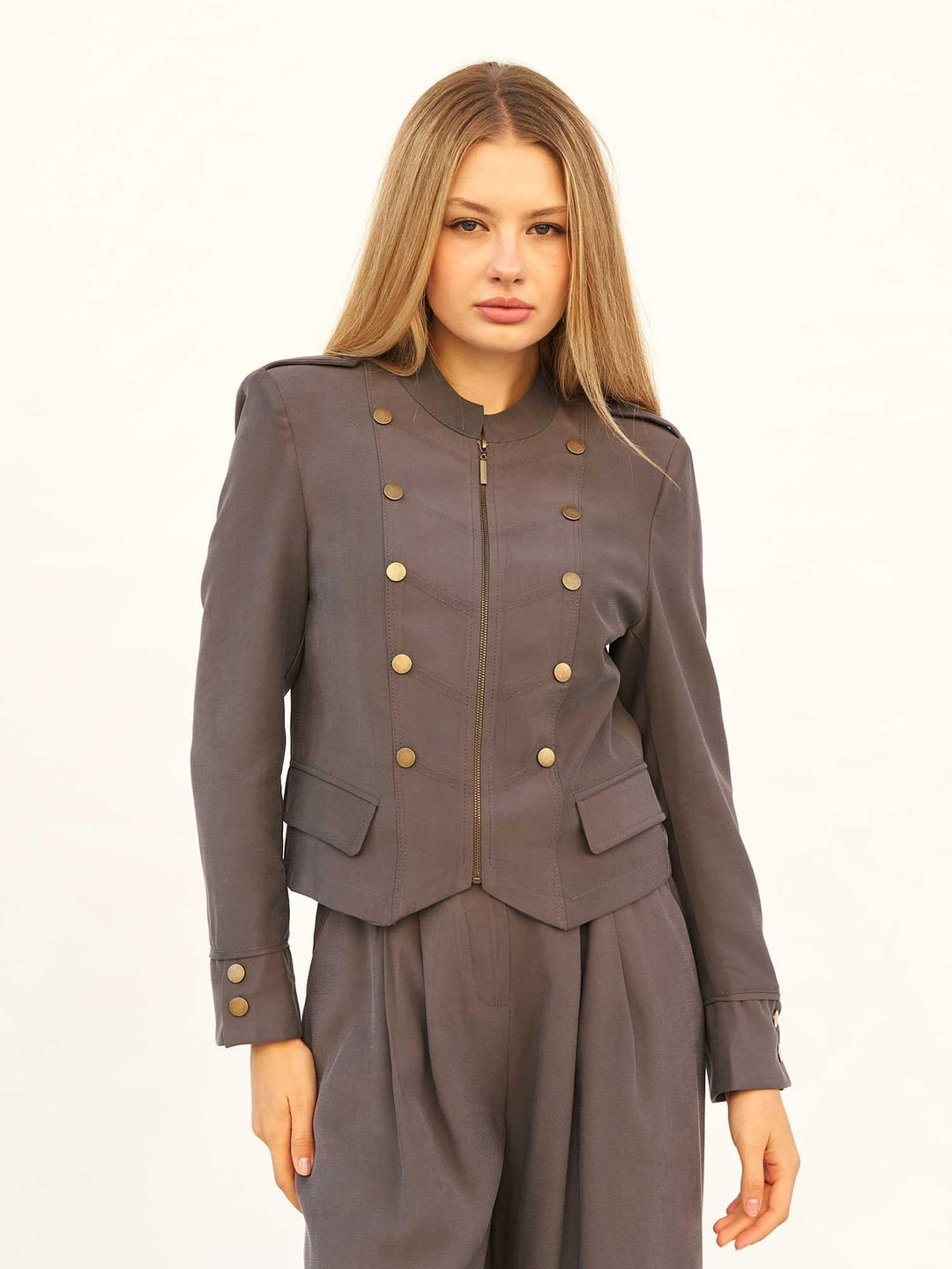 Women's Grey Napoleon Jacket with Gold Buttons - Lefon - by Peralane