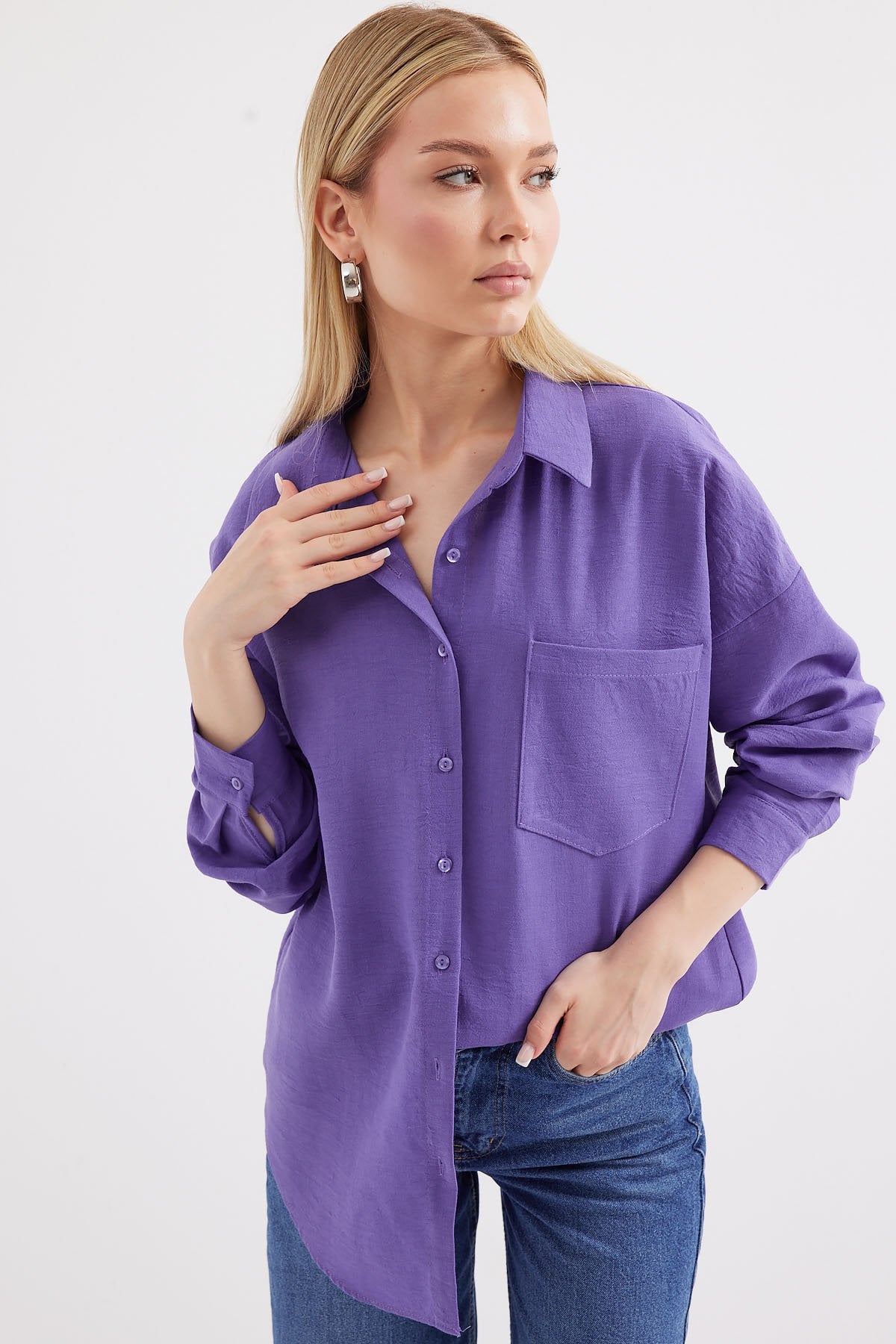 Purple Oversize Linen Blend Single Pocket Shirt - Wholeskop - by Peralane - photo 3