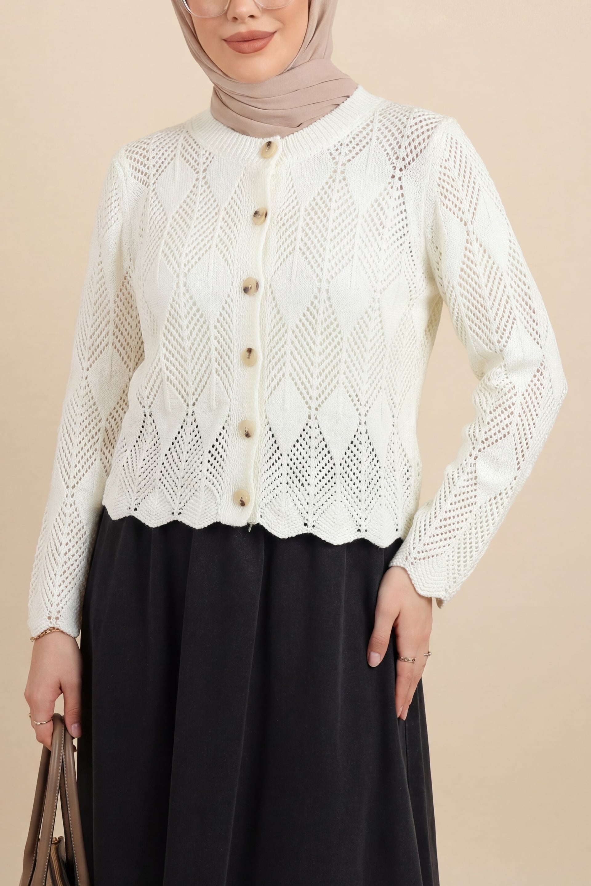 Leaf Pattern Open-Knit Cardigan - Off-White - Podyumplus - by Peralane - photo 3