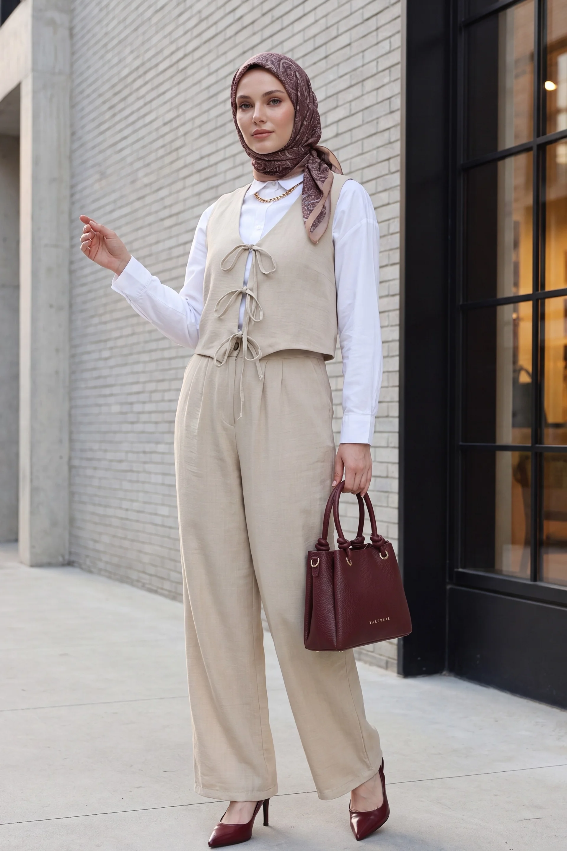 Tie-Front Vest and Wide-Leg Trousers Linen Look Co-ord Set - Stone - Podyumplus - by Peralane - photo 2