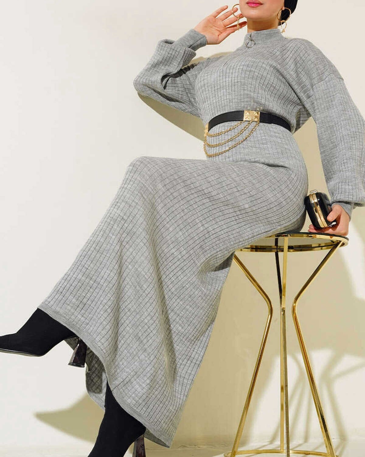 Grey Ribbed Knit Maxi Dress with High Neck and Long Sleeves - Bigdart - by Peralane