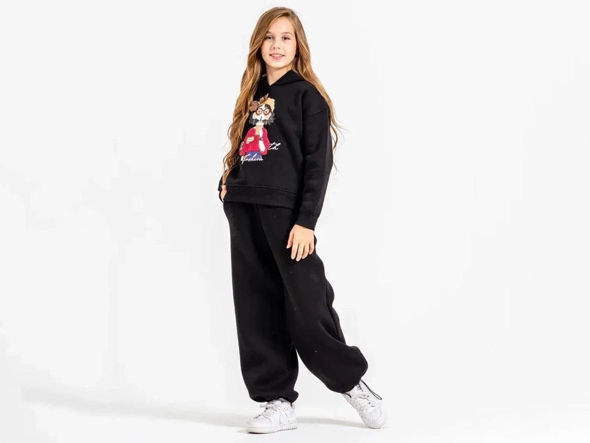 Girls' Printed Hooded Tracksuit Set - Black - ÖZ Bebe - by Peralane