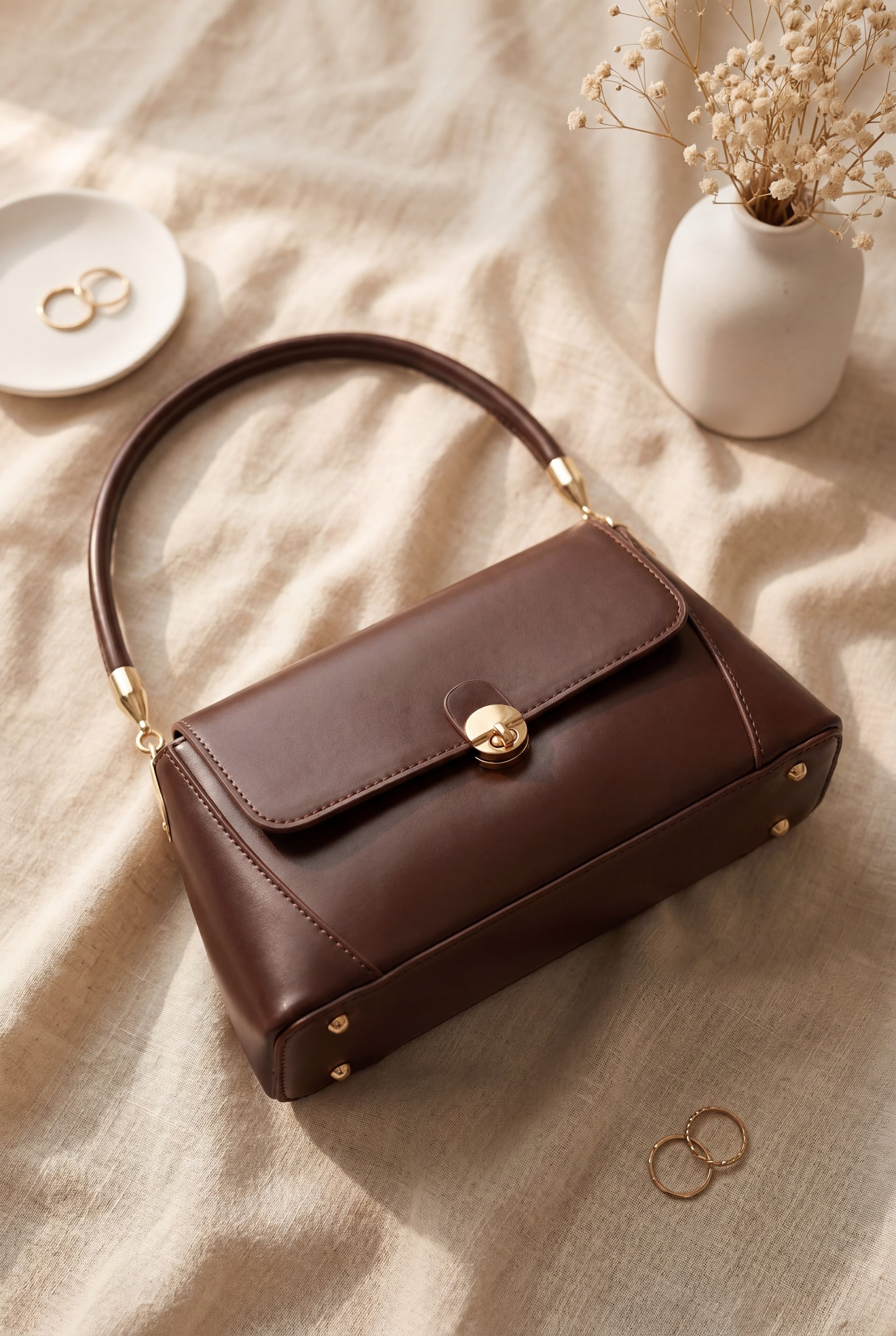 Box Handbag with Locked Flap and Strap - Dark Brown - Podyumplus - by Peralane