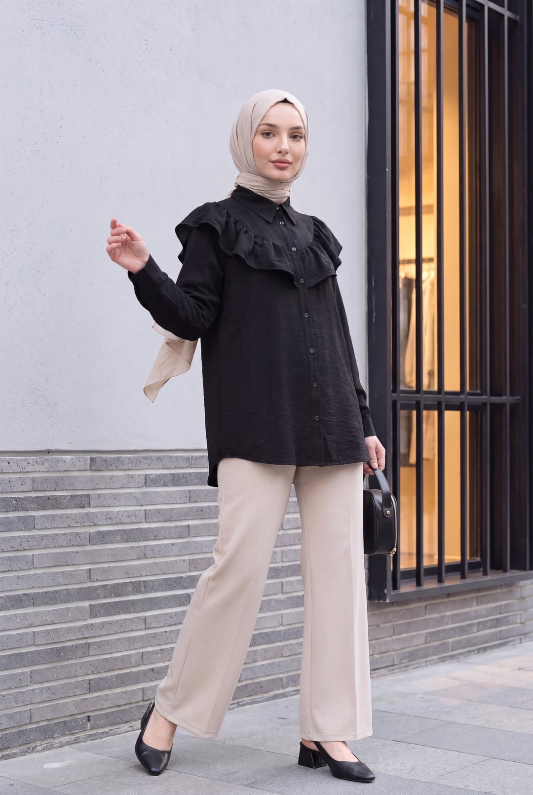 Black Ruffled Rayon Tunic with Button Front - Podyumplus - by Peralane - photo 3
