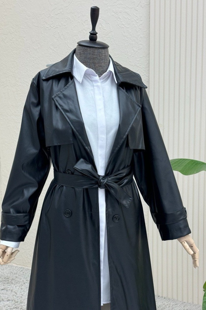 Black Long Faux Leather Trench Coat with Bolero Detail and Tie Belt - Podyumplus - by Peralane