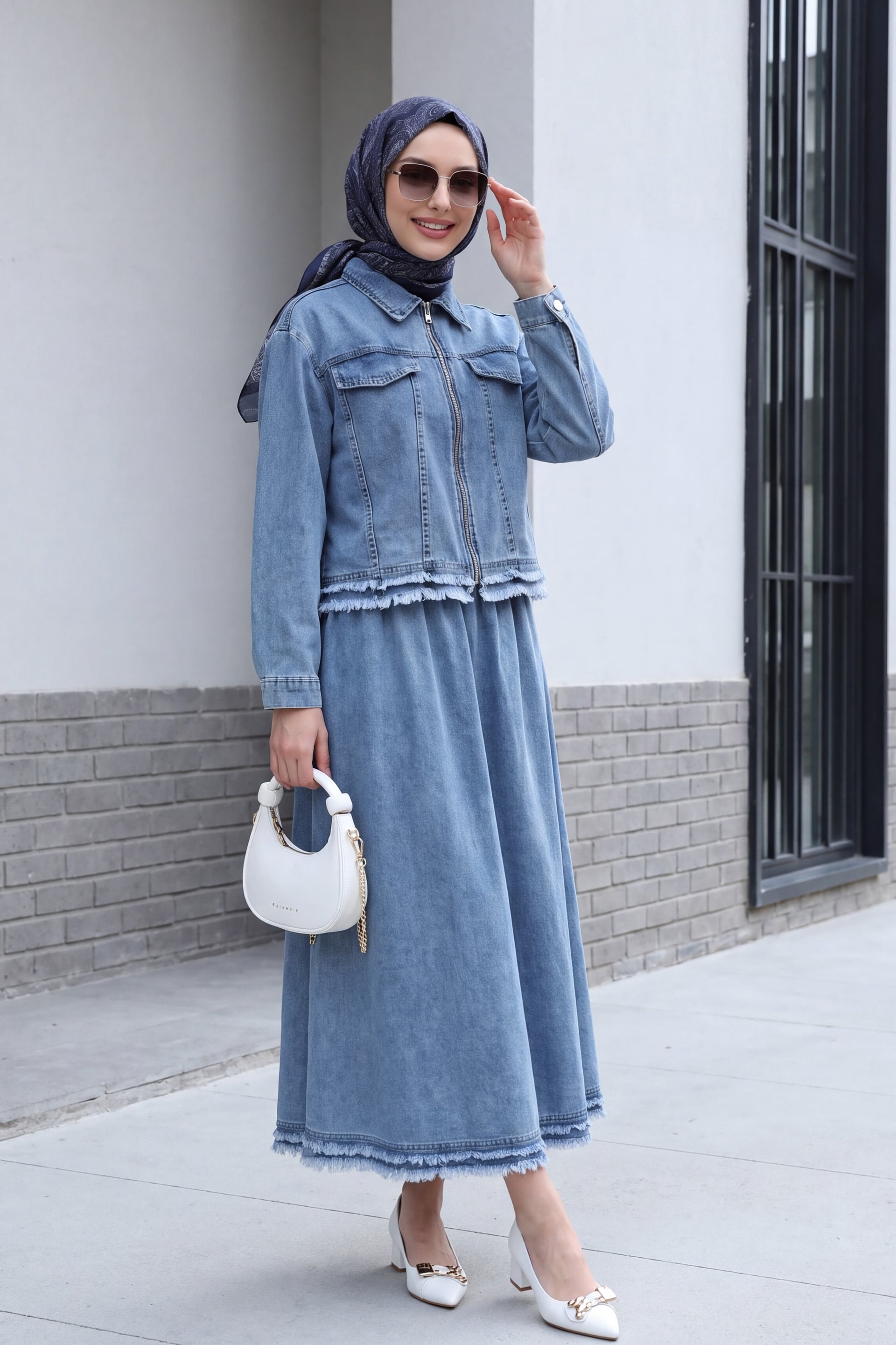 Fringe Zip Front Pocket Detail Denim Jacket and Skirt Co-ord Set - Ice Blue - Podyumplus - by Peralane - photo 3