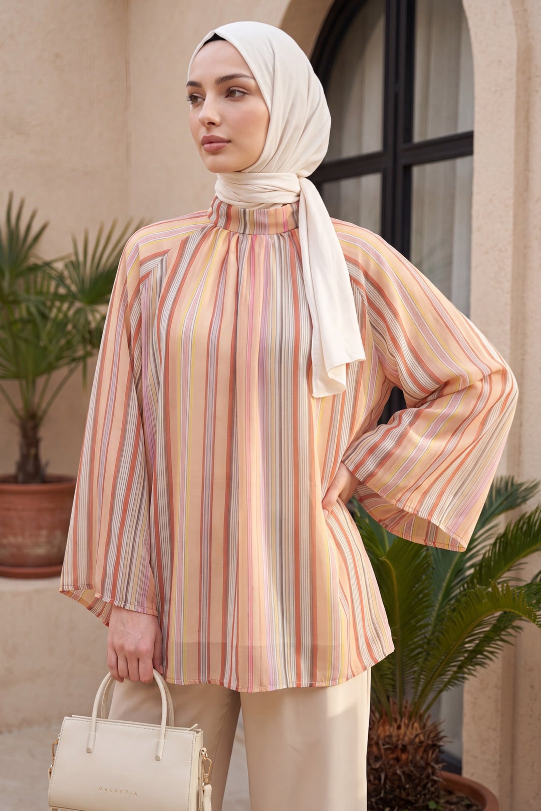 Striped Lined Oversize Voile Tunic with Mandarin Collar - Salmon - Podyumplus - by Peralane - photo 3