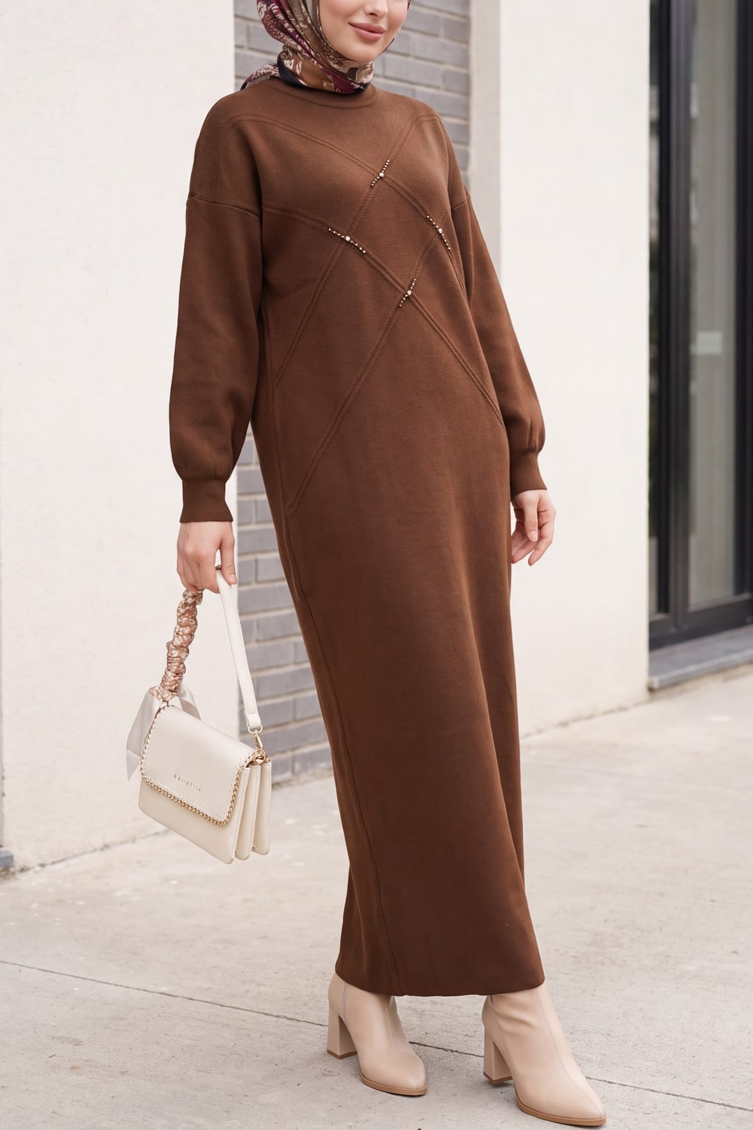 Long-Sleeved Brown Knit Dress with Stone and Bead Detailing - Podyumplus - by Peralane - photo 5