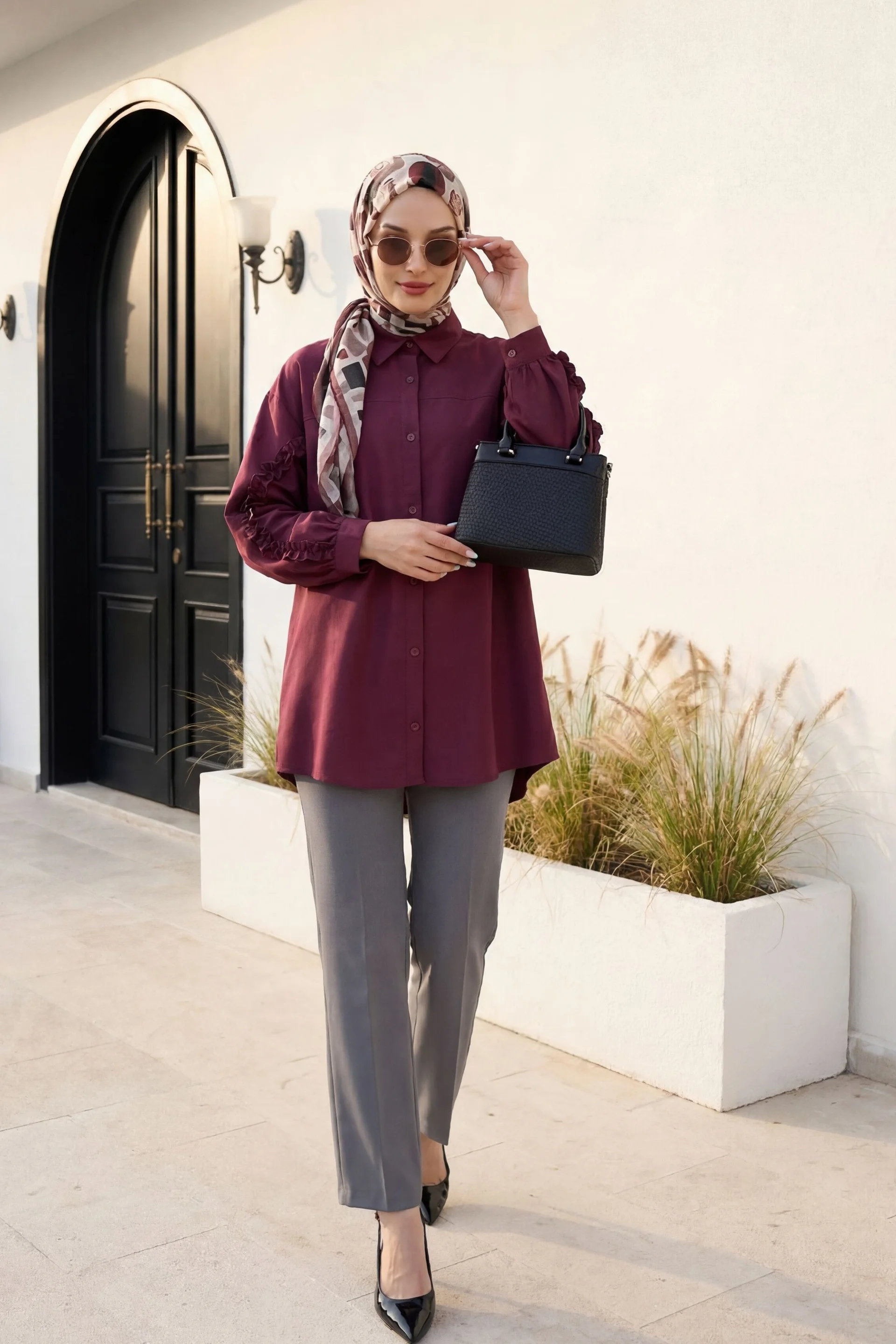 High Waist Straight Leg Trousers with Pockets - Grey - Podyumplus - by Peralane - photo 3