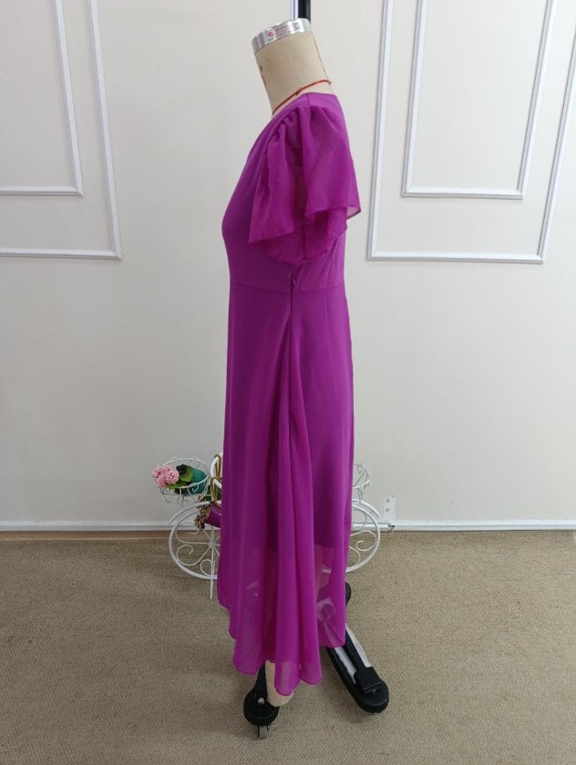 Women's V-Neck Short Sleeve Midi Lined Chiffon Dress - Magenta - Janes - by Peralane - photo 5