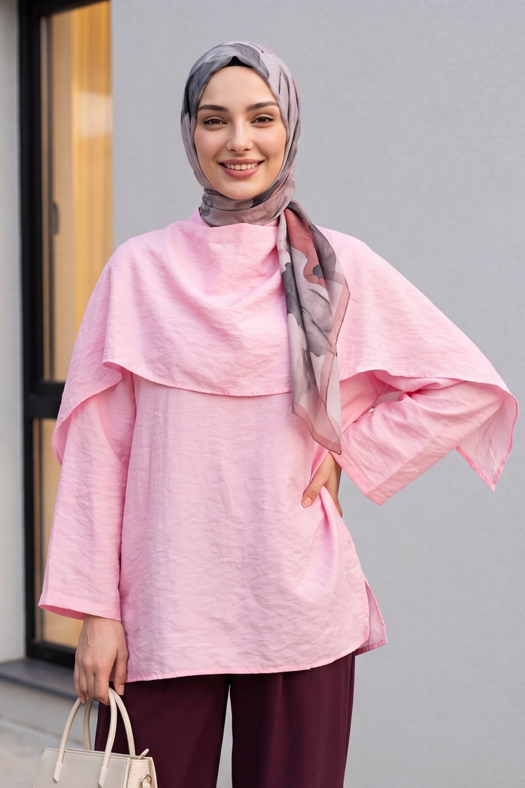 Removable Cape Oversize Modal Tunic - Pink - Podyumplus - by Peralane