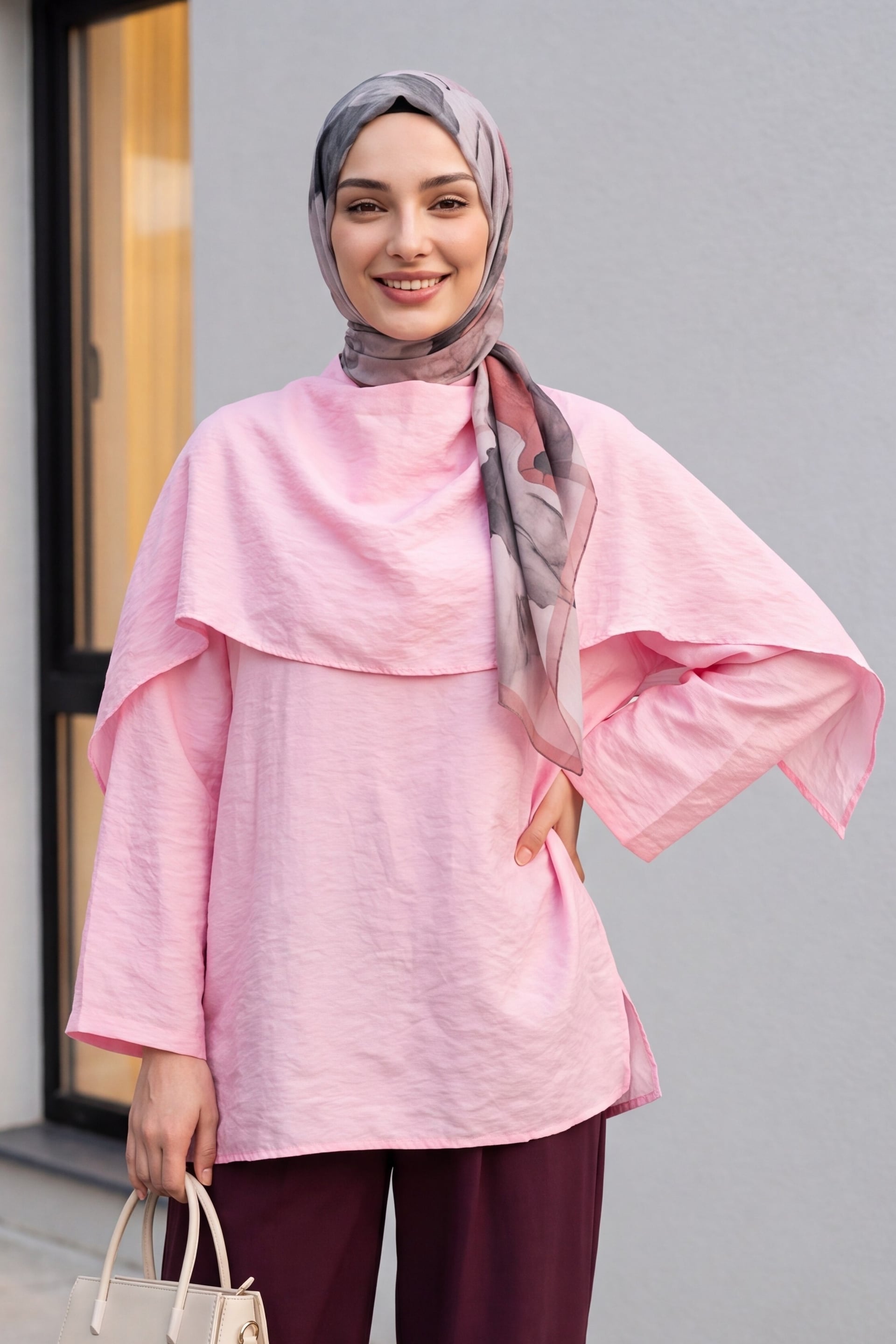 Removable Cape Oversize Modal Tunic - Pink - Podyumplus - by Peralane