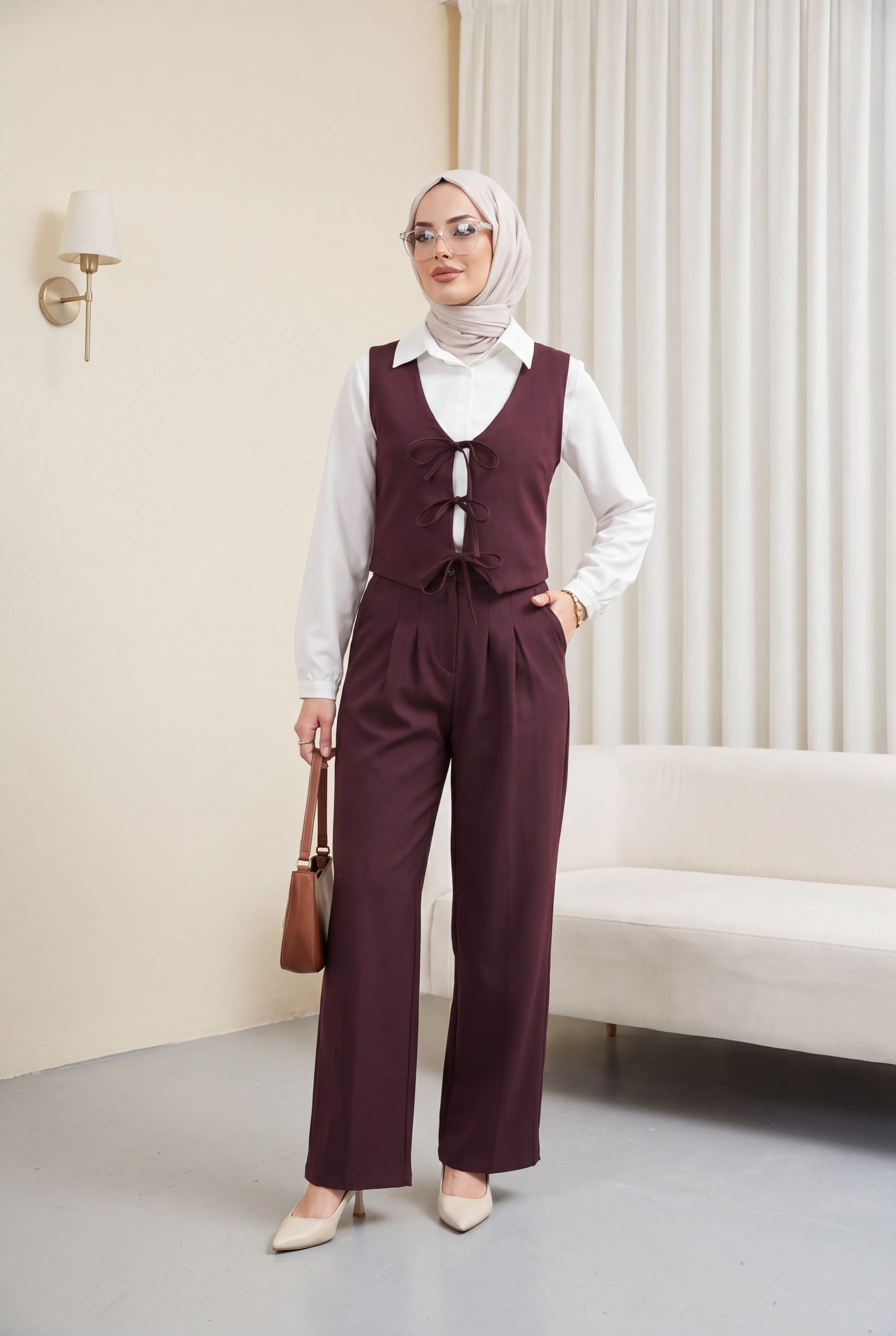 Front Tie Vest and Trousers Two-Piece Co-ord Set - Burgundy - Podyumplus - by Peralane - photo 3
