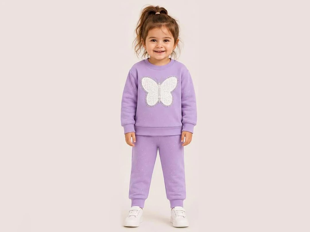 Girls' Butterfly Sequined Sweatshirt and Trousers Set – Lavender - Bittos Kids - by Peralane