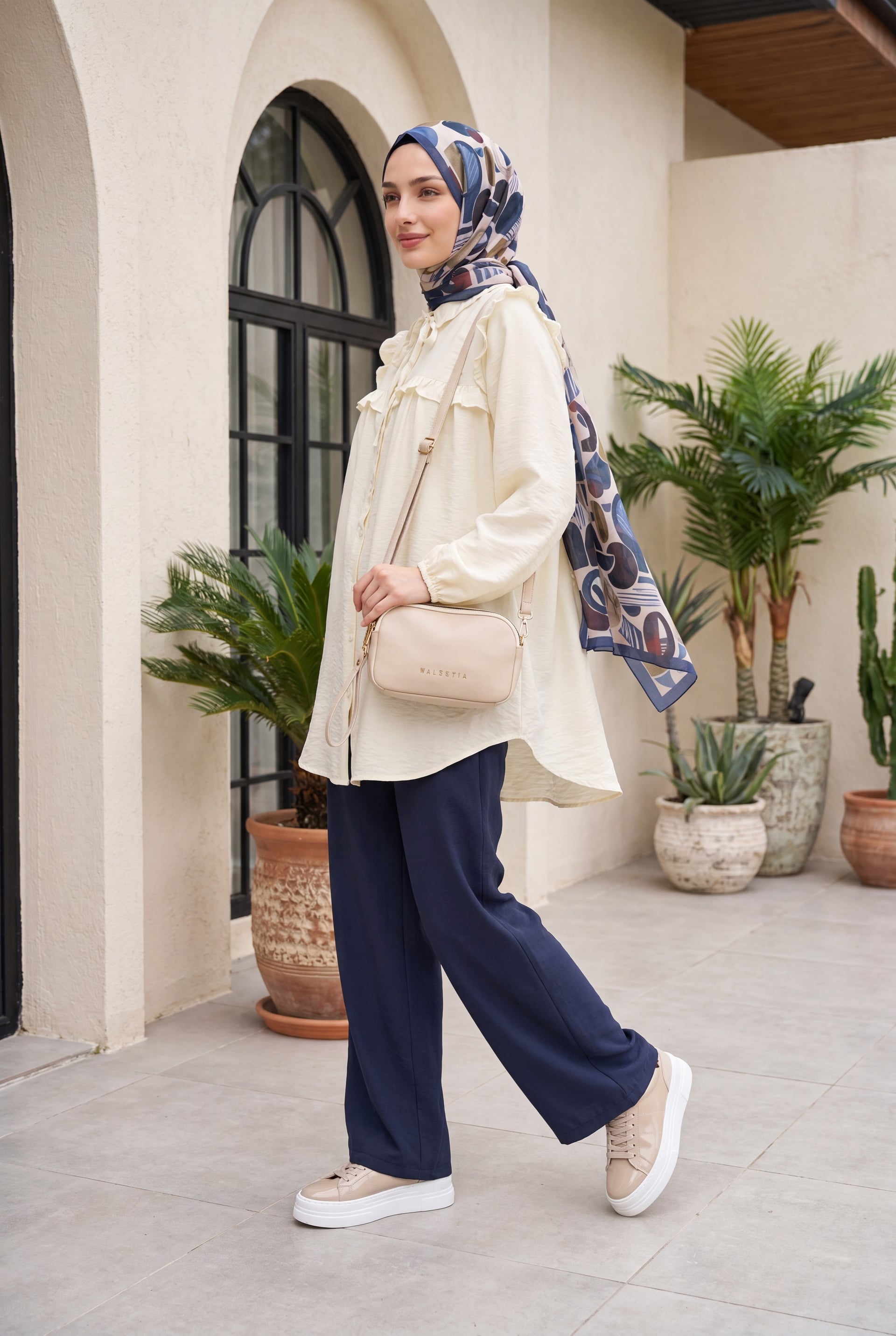 Women's Elastic Waistband Trousers with Belt Detail - Navy - Podyumplus - by Peralane - photo 2