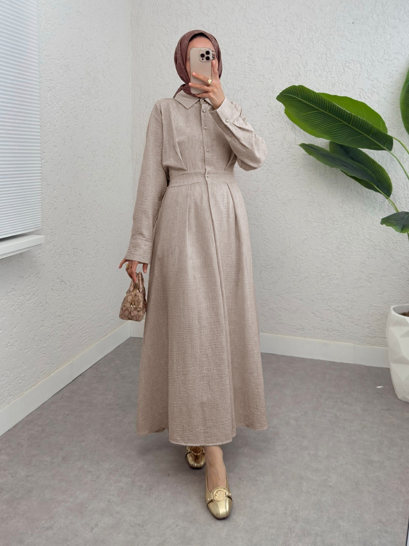 Half Button Waistband Linen Look Dress - Beige - Podyumplus - by Peralane - photo 3