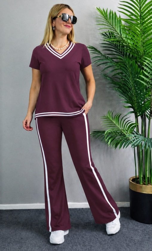 Women's Burgundy V-Neck Short-Sleeve Top and Flared Trousers Tracksuit Set - Janes - by Peralane