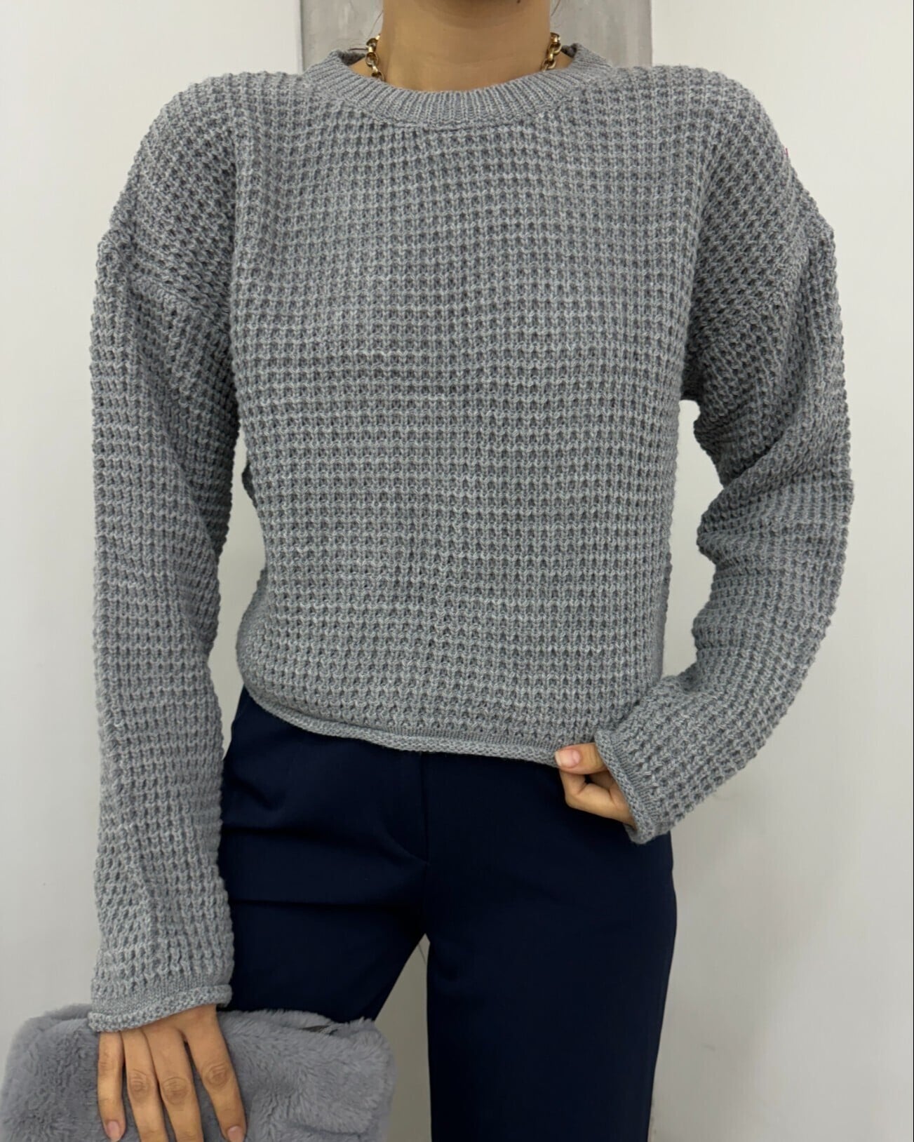 Round Neck Knit Sweater - Grey - Podyumplus - by Peralane - photo 3