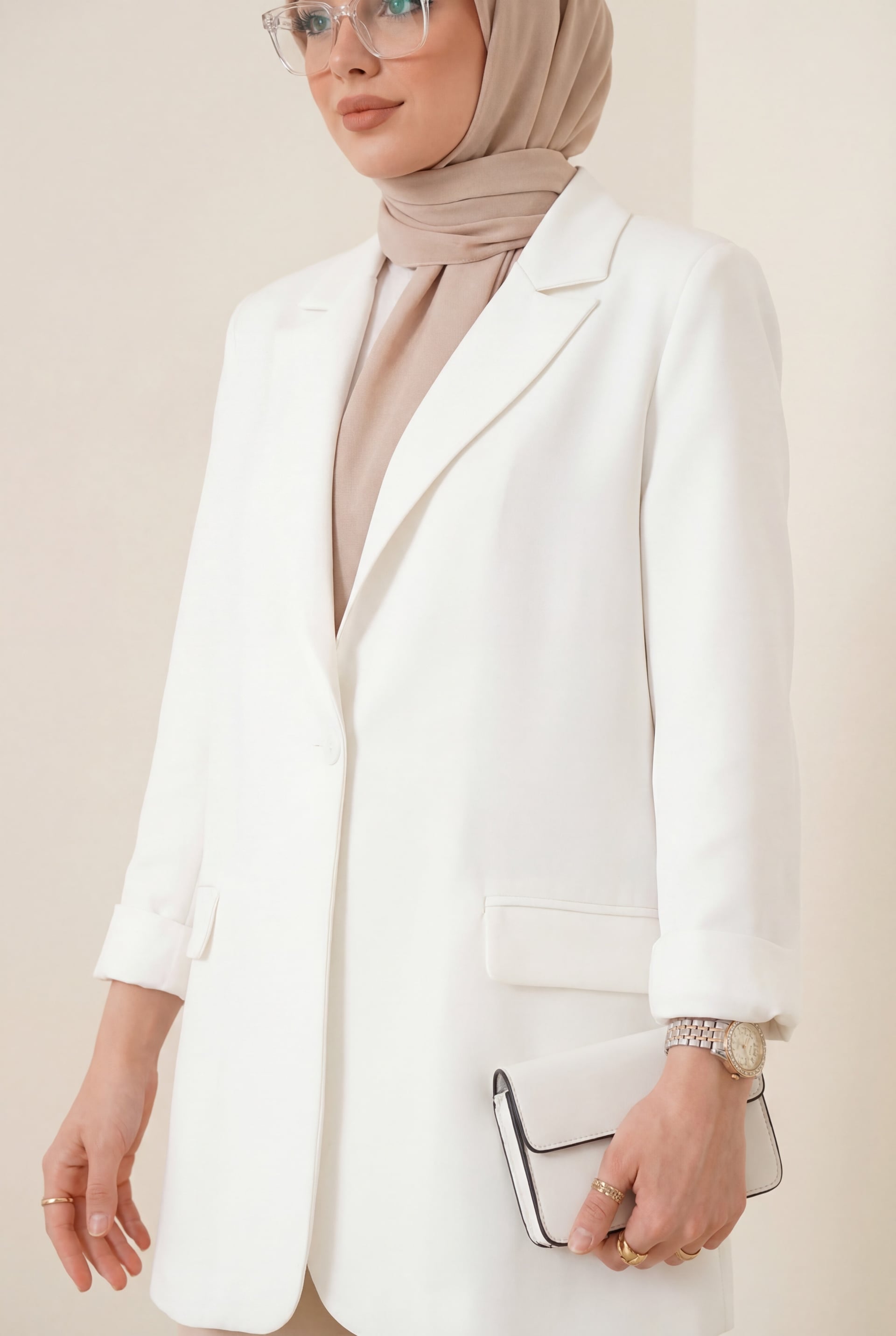 White Single-Button Lycra Jacket with Pockets - Podyumplus - by Peralane