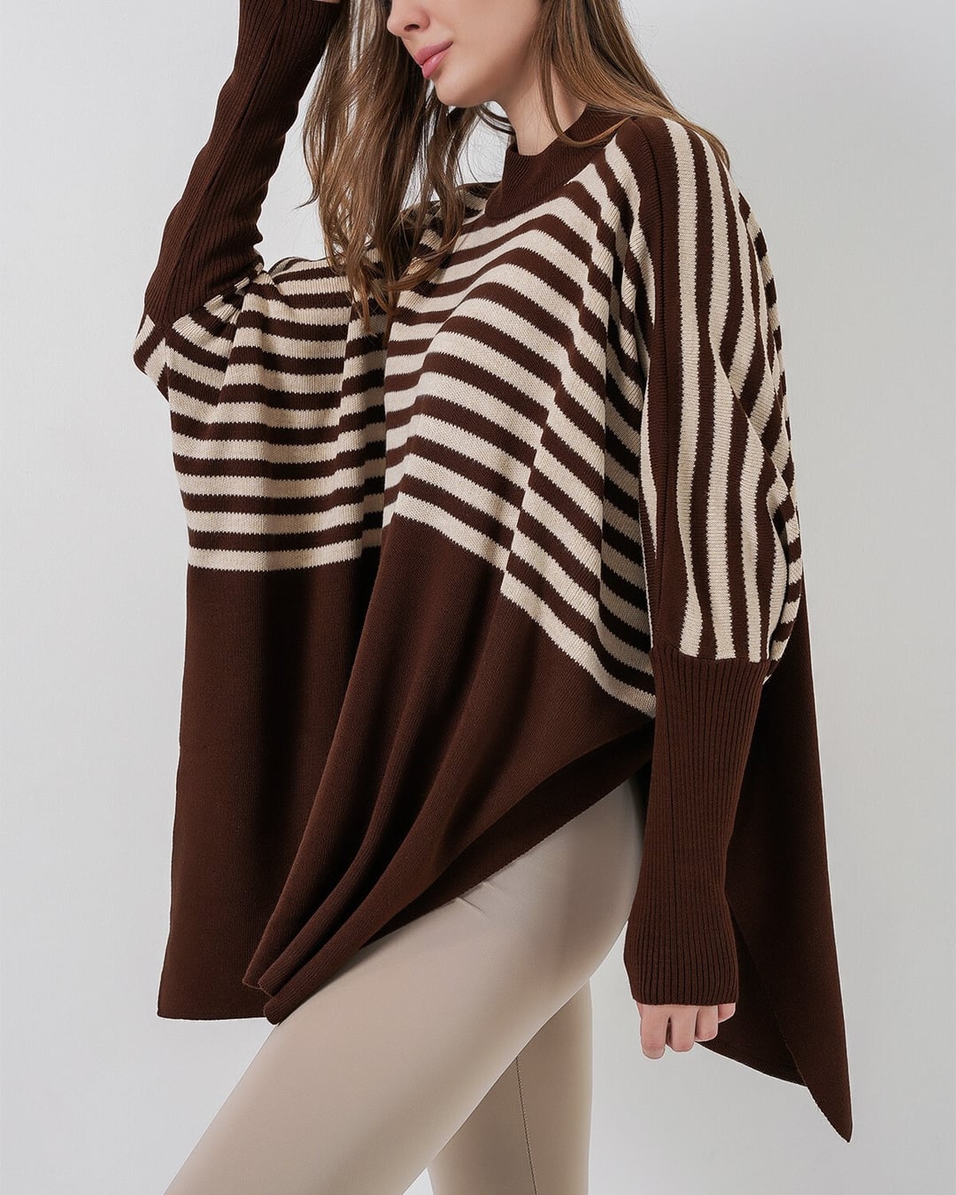 Oversize Pancho Knit Sweater with Side Slits - Brown - Bigdart - by Peralane - photo 6