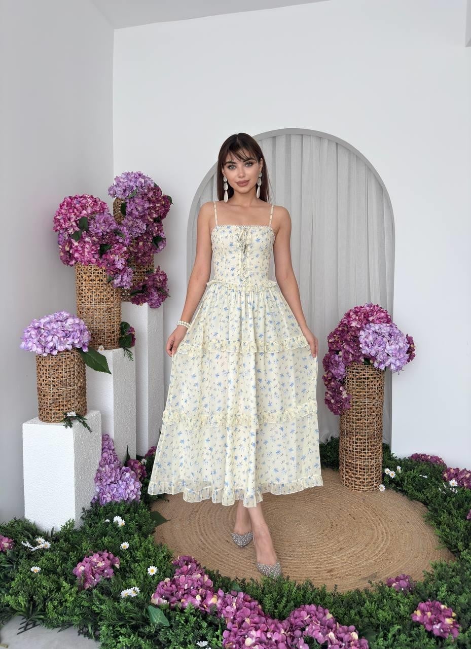 Cream Floral Print Spaghetti Strap Dress with Lace-Up Neckline - Etika - by Peralane - photo 7