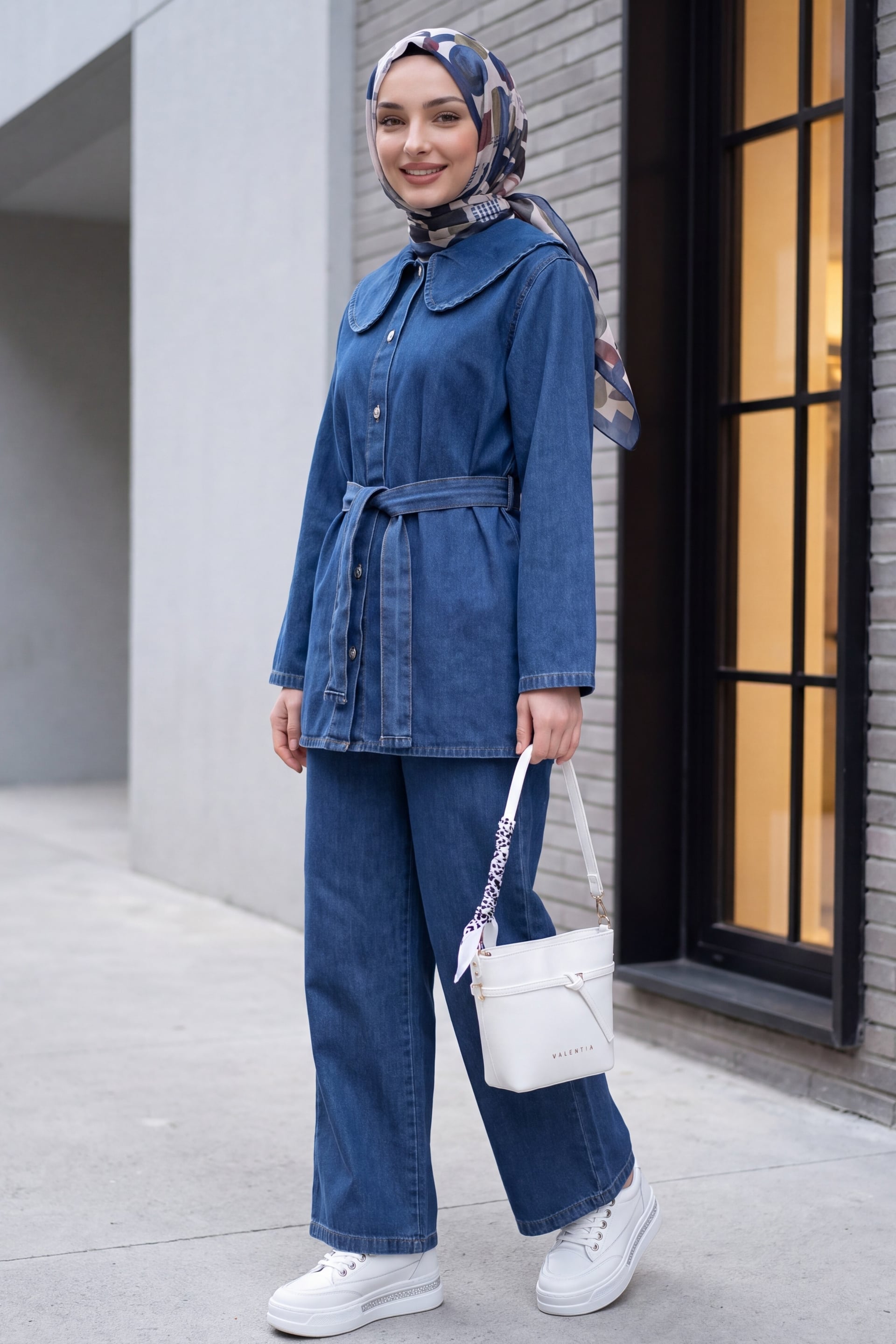 Indigo Denim Two-Piece Set with Baby Collar and Belted Tunic - Podyumplus - by Peralane - photo 2