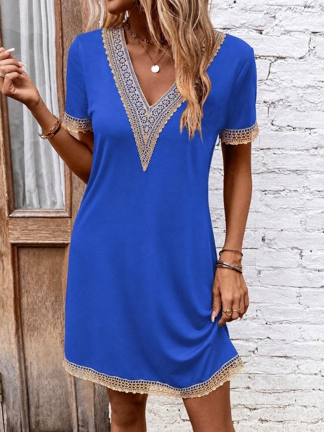 Women's Short Sleeve V-Neck Lace Trim Viscose Short Dress - Janes - by Peralane - photo 2