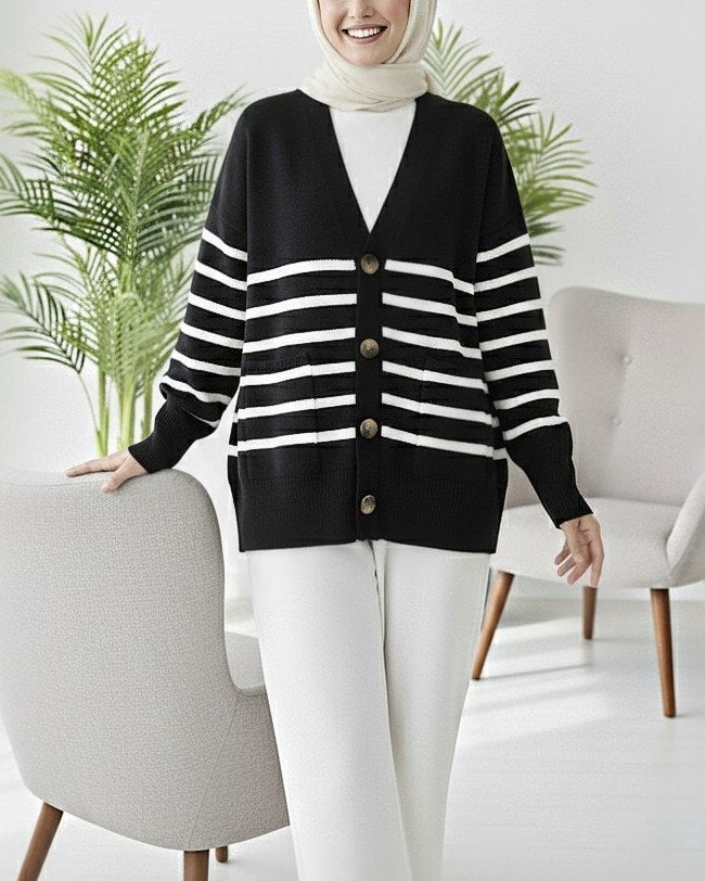 Black Striped Button-Front Cardigan with Pockets - Podyumplus - by Peralane - photo 6