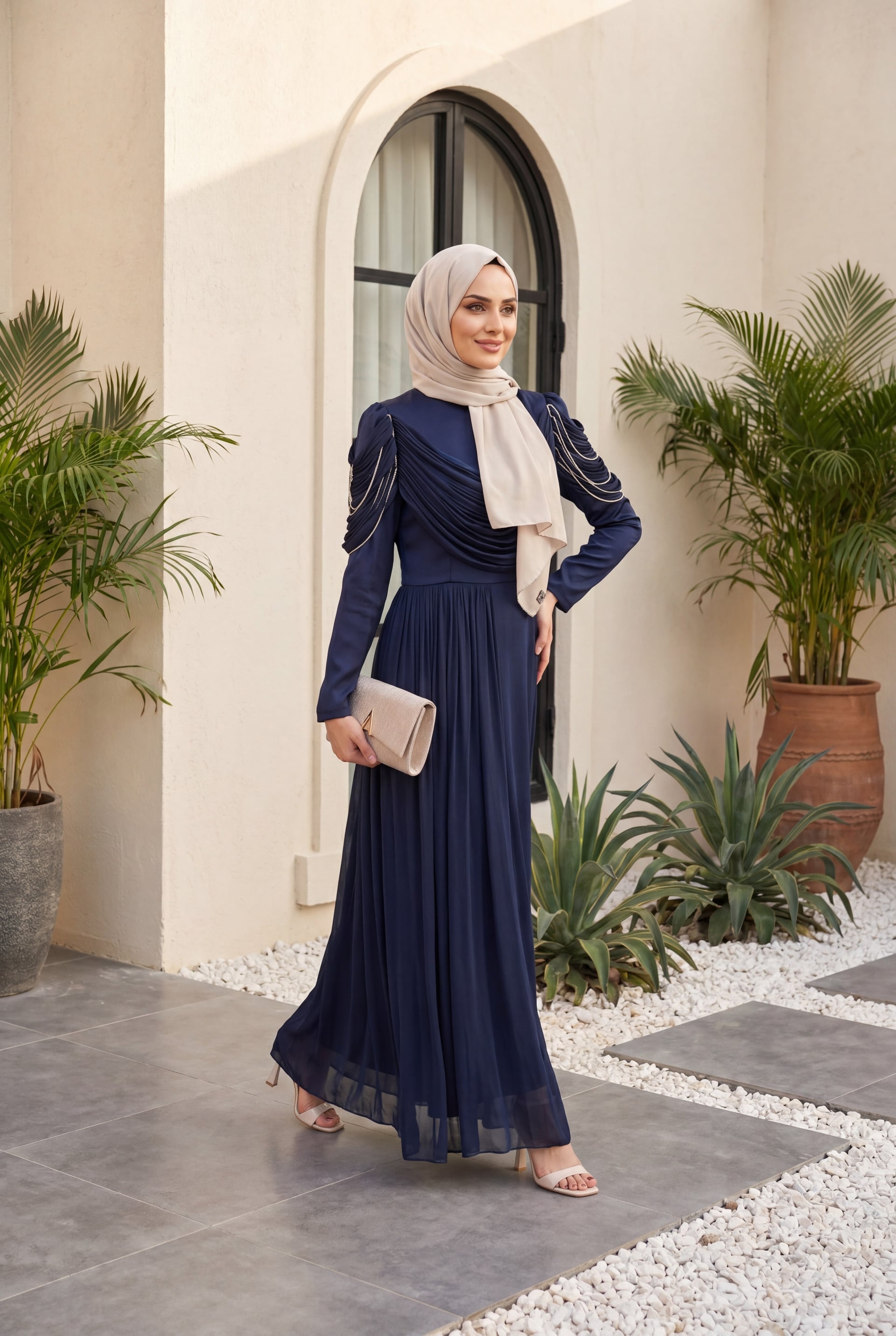 Navy Blue Satin Evening Dress with Stone-Embellished Shoulders and Janjan Chiffon Details - Podyumplus - by Peralane - photo 3